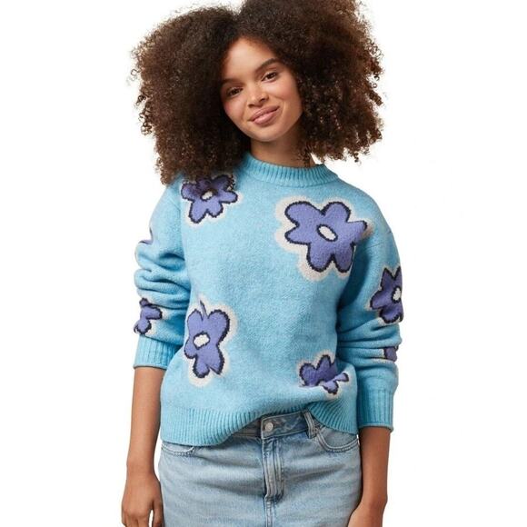 American Eagle Woah So Soft Blue Retro Floral Crewneck Sweater - Picture 1 of 12